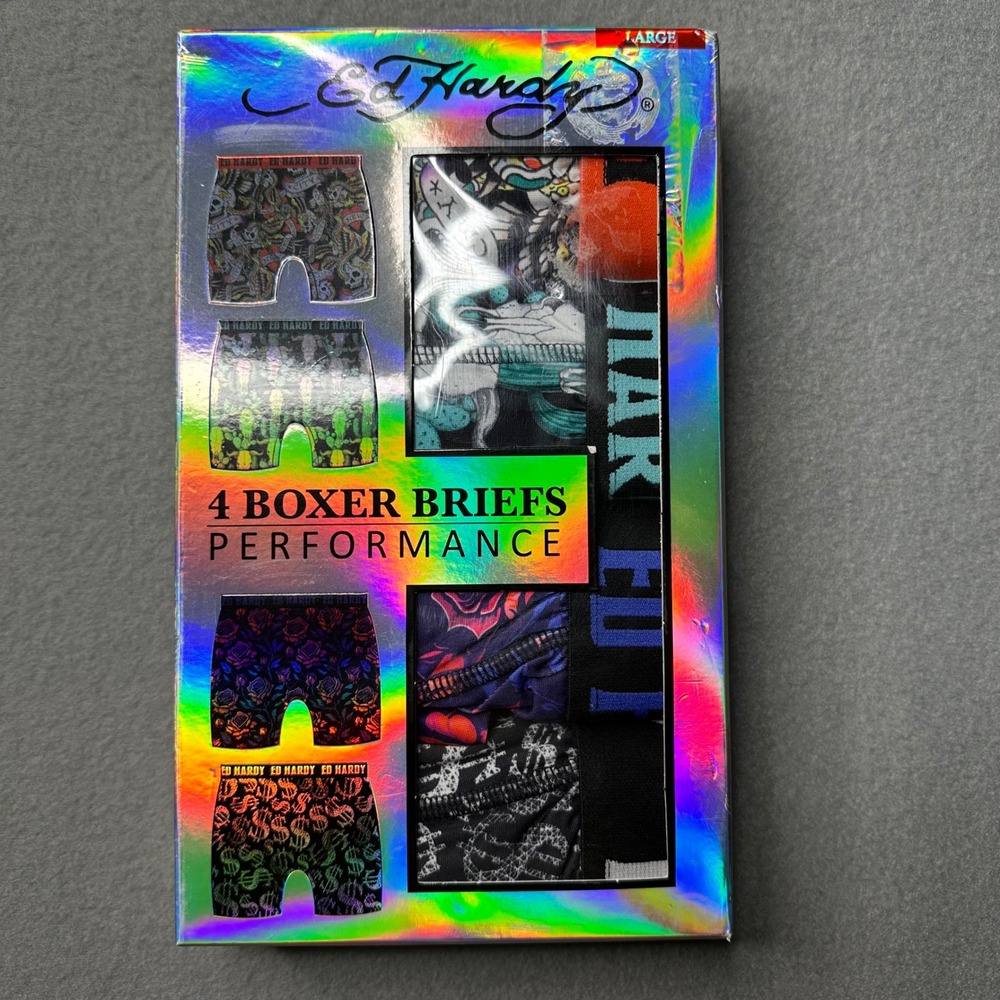 Ed Hardy Boxer Briefs Mens Large Multicolor 4 Pack Performance Stretch Skulls